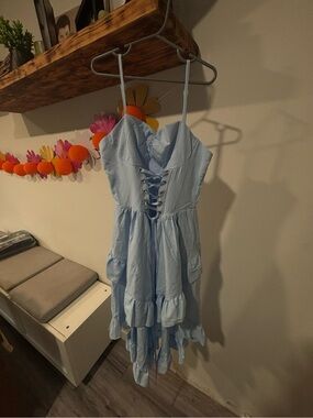 Light Blue Lace-Up Ruffle Dress